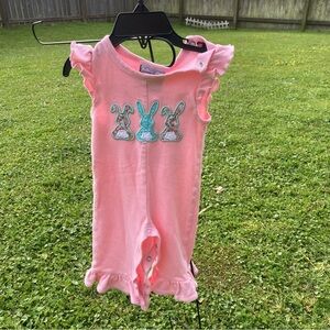 Easter Bunnies embroidered one piece from Three Sisters 9 months 2 tiny spots